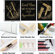 Load image into Gallery viewer, Conipit Barbershop Tools Wall Picture Hair Salon Canvas Art for Bathroom Black and Gold Picture Motivational Quote Painting Prints Gallery Wrapped Ready to Hang 3 Pieces
