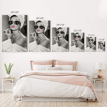 Load image into Gallery viewer, Audrey Hepburn Wall Art Makeup Pink Lipstick CANVAS PRINT Iconic Pop Art Pretty Beauty Black and White Home Decor Artwork Gallery Stretched and Ready to Hang - %100 Handmade in the USA - 12X8