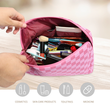 Load image into Gallery viewer, Travel Makeup Bag for Women Pink Checkered Cosmetic Pouch Vegan Leather Large Retro Toiletry Bag