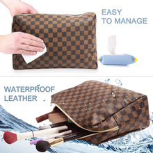 Load image into Gallery viewer, Checkered Travel Makeup Bag, Vegan Leather Large Retro Cosmetic Pouch, Toiletry Bag for Women, Portable and Waterproof, Brown