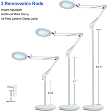 Load image into Gallery viewer, Psiven Magnifying Glass Floor Lamp, Dimmable LED Magnifying Lamp with Clamp - 12W, 3 Lighting Modes, 5 Diopter, Height Adjustable - Super Bright Floor Lamp with Magnifier for Reading, Craft, Task
