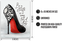 Load image into Gallery viewer, Be a Stiletto in a Room Full of Flats - Shoes Fashion Quote Wall Decor Art Print on a Light Gray Background - Unframed Artwork Printed on Photograph Paper