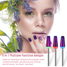 Load image into Gallery viewer, 3 Pieces Nail Carbide 5 in 1 Bit, Nail Drill Bits Set-2 Way Rotate Use for Both Left to Right Handed, 3/32 Inch Shank Size Drill Machine for Fast Remove Acrylic or Hard Gel (Purple)