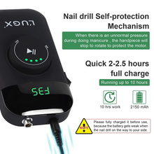Load image into Gallery viewer, L'UGX Professional Rechargeable Nail Drill Machine, Brushless 35000RPM Cordless Nail Drill, Portable Electrical File for Acrylic, Gel, Manicure Pedicure