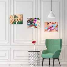 Load image into Gallery viewer, Canvbay 3 Pieces Beauty Salon Canvas Wall Art Fashion Woman Nails with Peacock Feather Pictures Manicure Poster Canvas Print for Spa Bathroom Ladies Makeup Dressing Room Decoration 12X16Inchx3Pcs