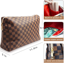 Load image into Gallery viewer, Checkered Travel Makeup Bag, Vegan Leather Large Retro Cosmetic Pouch, Toiletry Bag for Women, Portable and Waterproof, Brown