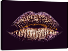 Load image into Gallery viewer, Woman Gold Lips Wall Decor Canvas Prints Makeup Body Purple Lip Art Picture Poster Frame Artwork Living Room Bedroom Beauty Salon Bathroom Home Decoration Ready to Hang(20''Wx28''H)