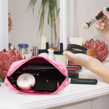 Load image into Gallery viewer, Travel Makeup Bag for Women Pink Checkered Cosmetic Pouch Vegan Leather Large Retro Toiletry Bag