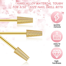 Load image into Gallery viewer, 3 Pieces Tapered Barrel Carbide Nail Drill Bit, 3 Sizes Carbide Nail Drill Bit Acrylic Nail File Drill Bit Cuticle Drill Bits, Nail Art Tools for Gel Nails Cuticle Manicure Pedicure, XF, F, M (Gold)