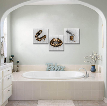 Load image into Gallery viewer, Derkymo 3 Pieces Makeup Picture Wall Decor Salon Fashion Canvas Art Leopard Pattern High Heels Lips and Nail Polish Painting Print Artworks for Bedroom Stretched and Framed Ready to Hang 12"X12"X3Pcs