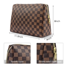Load image into Gallery viewer, Aokur Makeup Bag Checkered Cosmetic Bag Large Travel Toiletry Organizer for Women Girls Brown