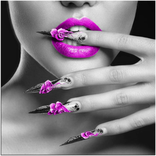Load image into Gallery viewer, Biuteawal - Modern Canvas Prints Wall Art Fashion Woman with Purple Lips and Nails Pictures Elegant Makeup and Manicure Poster for Spa Bathroom Beauty Salon Wall Decoration Framed Ready to Hang
