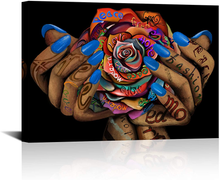 Load image into Gallery viewer, Lovehouse Fashion Bedroom Wall Art African American Woman Girl Painting Bohemian Pattern Rose Flower Wall Decor Framed Girl Room Living Room Beauty Salon Wall Decoration 24X36Inch