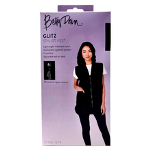 Load image into Gallery viewer, Betty Dain Glitz Rhinestone Zipper Salon Stylist Vest, Rhinestone Closure and Iridescent Fabric, V-Neckline, Adjustable Belt, Pockets with Zippered Bottoms, Water Resistant Lightweight, Black, M