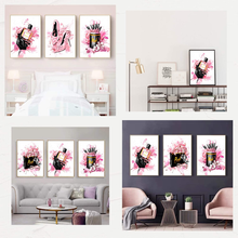 Load image into Gallery viewer, Women Fashion Canvas Wall Art ,Pink Bedroom Wall Decor, Perfume Modern Art Posters,Fashion High Heels, Makeup Brush, , Girls Room Decor, Black and Pink Fashion Poster