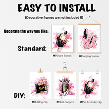 Load image into Gallery viewer, Women Fashion Canvas Wall Art ,Pink Bedroom Wall Decor, Perfume Modern Art Posters,Fashion High Heels, Makeup Brush, , Girls Room Decor, Black and Pink Fashion Poster