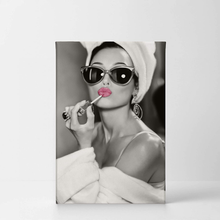 Load image into Gallery viewer, Audrey Hepburn Wall Art Makeup Pink Lipstick CANVAS PRINT Iconic Pop Art Pretty Beauty Black and White Home Decor Artwork Gallery Stretched and Ready to Hang - %100 Handmade in the USA - 12X8