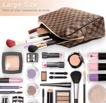 Load image into Gallery viewer, Checkered Travel Makeup Bag, Vegan Leather Large Retro Cosmetic Pouch, Toiletry Bag for Women, Portable and Waterproof, Brown