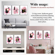 Load image into Gallery viewer, Women Fashion Canvas Wall Art ,Pink Bedroom Wall Decor, Perfume Modern Art Posters,Fashion High Heels, Makeup Brush, , Girls Room Decor, Black and Pink Fashion Poster