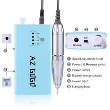 Load image into Gallery viewer, AZ GOGO Professional Rechargeable 30000 Rpm Nail Drill, Portable Cordless Electric E File Acrylic Gel Grinder Tools with 6 Bits and Sanding Bands for Manicure Pedicure Shape Carve Polish(Blue)