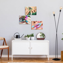 Load image into Gallery viewer, Canvbay 3 Pieces Beauty Salon Canvas Wall Art Fashion Woman Nails with Peacock Feather Pictures Manicure Poster Canvas Print for Spa Bathroom Ladies Makeup Dressing Room Decoration 12X16Inchx3Pcs
