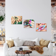 Load image into Gallery viewer, Canvbay 3 Pieces Beauty Salon Canvas Wall Art Fashion Woman Nails with Peacock Feather Pictures Manicure Poster Canvas Print for Spa Bathroom Ladies Makeup Dressing Room Decoration 12X16Inchx3Pcs