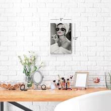 Load image into Gallery viewer, Audrey Hepburn Wall Art Makeup Pink Lipstick CANVAS PRINT Iconic Pop Art Pretty Beauty Black and White Home Decor Artwork Gallery Stretched and Ready to Hang - %100 Handmade in the USA - 12X8