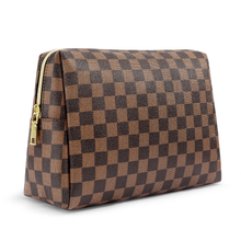 Load image into Gallery viewer, Aokur Makeup Bag Checkered Cosmetic Bag Large Travel Toiletry Organizer for Women Girls Brown