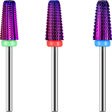 Load image into Gallery viewer, 3 Pieces Nail Carbide 5 in 1 Bit, Nail Drill Bits Set-2 Way Rotate Use for Both Left to Right Handed, 3/32 Inch Shank Size Drill Machine for Fast Remove Acrylic or Hard Gel (Purple)