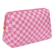 Load image into Gallery viewer, Travel Makeup Bag for Women Pink Checkered Cosmetic Pouch Vegan Leather Large Retro Toiletry Bag