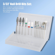 Load image into Gallery viewer, 13PC Nail Drill Bits Set, Drill Bits for Nails, 3Pcs Tungsten Carbide Drill Bits+ 3Pcs Ceramic Efile Nail Drill Bits+ 6Pcs Diamond Drill Bits+ 1Pcs Brush, 3/32 Inch Nail Bits for Nail Drill