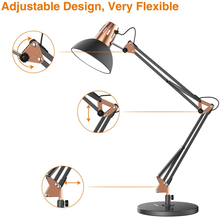 Load image into Gallery viewer, LEPOWER Metal Desk Lamp, Adjustable Goose Neck Architect Table Lamp with On/Off Switch, Swing Arm Desk Lamp with Clamp, Eye-Caring Reading Lamp for Bedroom, Study Room &Office (Sandy Black)