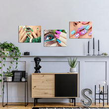 Load image into Gallery viewer, Canvbay 3 Pieces Beauty Salon Canvas Wall Art Fashion Woman Nails with Peacock Feather Pictures Manicure Poster Canvas Print for Spa Bathroom Ladies Makeup Dressing Room Decoration 12X16Inchx3Pcs