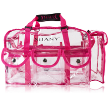 Load image into Gallery viewer, SHANY Clear PVC Makeup Bag - Large Professional Makeup Artist Rectangular Tote with Shoulder Strap and 5 External Pockets - PINK