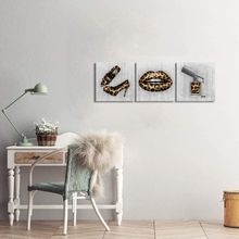 Load image into Gallery viewer, Derkymo 3 Pieces Makeup Picture Wall Decor Salon Fashion Canvas Art Leopard Pattern High Heels Lips and Nail Polish Painting Print Artworks for Bedroom Stretched and Framed Ready to Hang 12"X12"X3Pcs
