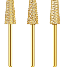 Load image into Gallery viewer, 3 Pieces Tapered Barrel Carbide Nail Drill Bit, 3 Sizes Carbide Nail Drill Bit Acrylic Nail File Drill Bit Cuticle Drill Bits, Nail Art Tools for Gel Nails Cuticle Manicure Pedicure, XF, F, M (Gold)