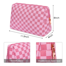 Load image into Gallery viewer, Travel Makeup Bag for Women Pink Checkered Cosmetic Pouch Vegan Leather Large Retro Toiletry Bag