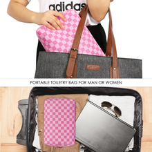 Load image into Gallery viewer, Travel Makeup Bag for Women Pink Checkered Cosmetic Pouch Vegan Leather Large Retro Toiletry Bag