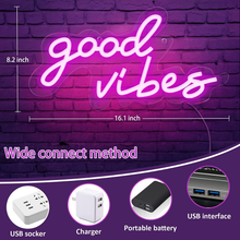 Load image into Gallery viewer, Coconeon Good Vibes Neon Sign, Powered by USB with Dimmable Switch, Pink LED Neon Signs for Bedroom,Wall Decor,Wedding,Game Room,Party, Bar Decor-16.1*8.2"
