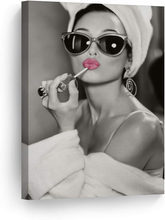 Load image into Gallery viewer, Audrey Hepburn Wall Art Makeup Pink Lipstick CANVAS PRINT Iconic Pop Art Pretty Beauty Black and White Home Decor Artwork Gallery Stretched and Ready to Hang - %100 Handmade in the USA - 12X8