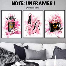 Load image into Gallery viewer, Women Fashion Canvas Wall Art ,Pink Bedroom Wall Decor, Perfume Modern Art Posters,Fashion High Heels, Makeup Brush, , Girls Room Decor, Black and Pink Fashion Poster