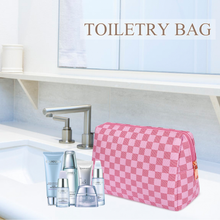 Load image into Gallery viewer, Travel Makeup Bag for Women Pink Checkered Cosmetic Pouch Vegan Leather Large Retro Toiletry Bag