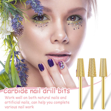 Load image into Gallery viewer, 3 Pieces Tapered Barrel Carbide Nail Drill Bit, 3 Sizes Carbide Nail Drill Bit Acrylic Nail File Drill Bit Cuticle Drill Bits, Nail Art Tools for Gel Nails Cuticle Manicure Pedicure, XF, F, M (Gold)