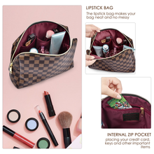 Load image into Gallery viewer, Aokur Makeup Bag Checkered Cosmetic Bag Large Travel Toiletry Organizer for Women Girls Brown