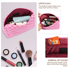 Load image into Gallery viewer, Travel Makeup Bag for Women Pink Checkered Cosmetic Pouch Vegan Leather Large Retro Toiletry Bag