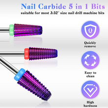 Load image into Gallery viewer, 3 Pieces Nail Carbide 5 in 1 Bit, Nail Drill Bits Set-2 Way Rotate Use for Both Left to Right Handed, 3/32 Inch Shank Size Drill Machine for Fast Remove Acrylic or Hard Gel (Purple)