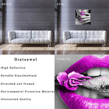Load image into Gallery viewer, Biuteawal - Modern Canvas Prints Wall Art Fashion Woman with Purple Lips and Nails Pictures Elegant Makeup and Manicure Poster for Spa Bathroom Beauty Salon Wall Decoration Framed Ready to Hang