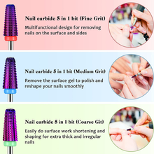 Load image into Gallery viewer, 3 Pieces Nail Carbide 5 in 1 Bit, Nail Drill Bits Set-2 Way Rotate Use for Both Left to Right Handed, 3/32 Inch Shank Size Drill Machine for Fast Remove Acrylic or Hard Gel (Purple)