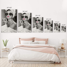 Load image into Gallery viewer, Audrey Hepburn Wall Art Makeup Pink Lipstick CANVAS PRINT Iconic Pop Art Pretty Beauty Black and White Home Decor Artwork Gallery Stretched and Ready to Hang - %100 Handmade in the USA - 12X8
