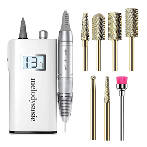 Melodysusie Professional Rechargeable 30000 Rpm Nail Drill with Gold 7Pcs Professional Tungsten Carbide Drill Bit Set, Portable E-File with Long Life Battery, Electric Tool for Acrylic Nail Natural